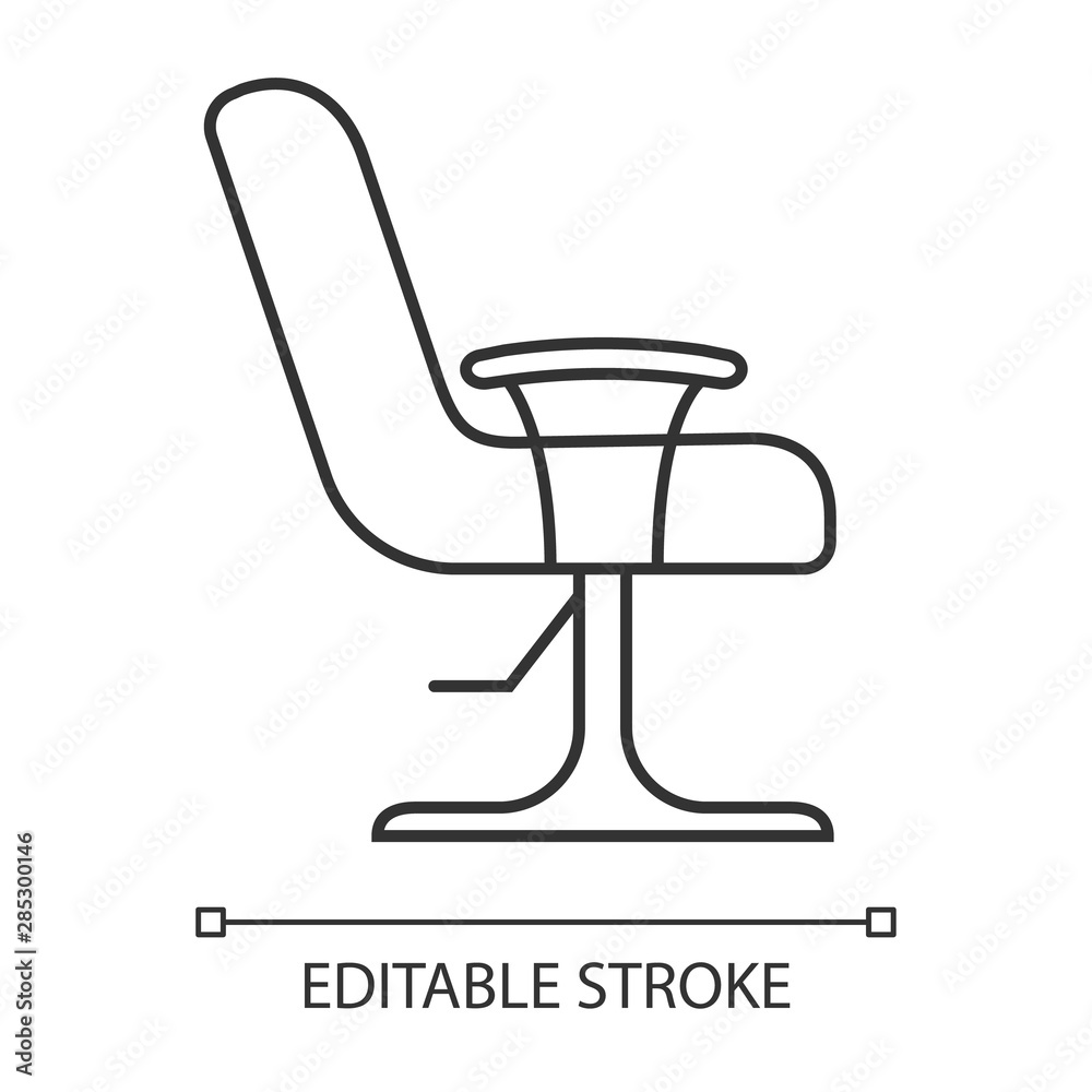 Salon armchair linear icon. Comfortable lounge chair. Hairdressing equipment. Beauty parlour furniture. Thin line illustration. Contour symbol. Vector isolated outline drawing. Editable stroke Salon armchair linear icon. Comfortable lounge chair. Hairdressing equipment. Beauty parlour furniture. Thin line illustration. Contour symbol. Vector isolated outline drawing. Editable stroke