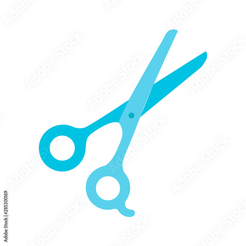 Scissors flat design long shadow color icon. Haircutting shears. Cutting instrument with finger brace, tang. Hairdressing instrument. Professional hairstyling. Vector silhouette illustration