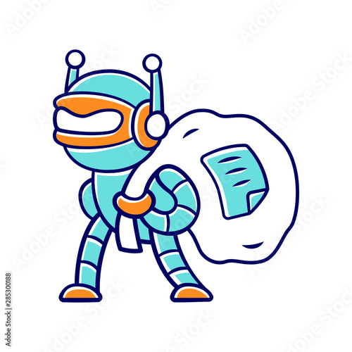 Scraper bot color icon. Malicious bad robot. Content stealing. Software program. Internet data collecting bot. Web scraping service. Artificial intelligence. Isolated vector illustration