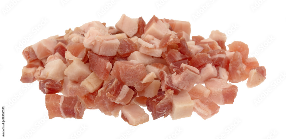 Pancetta sliced into cubes on a white background Pancetta sliced into cubes on a white background
