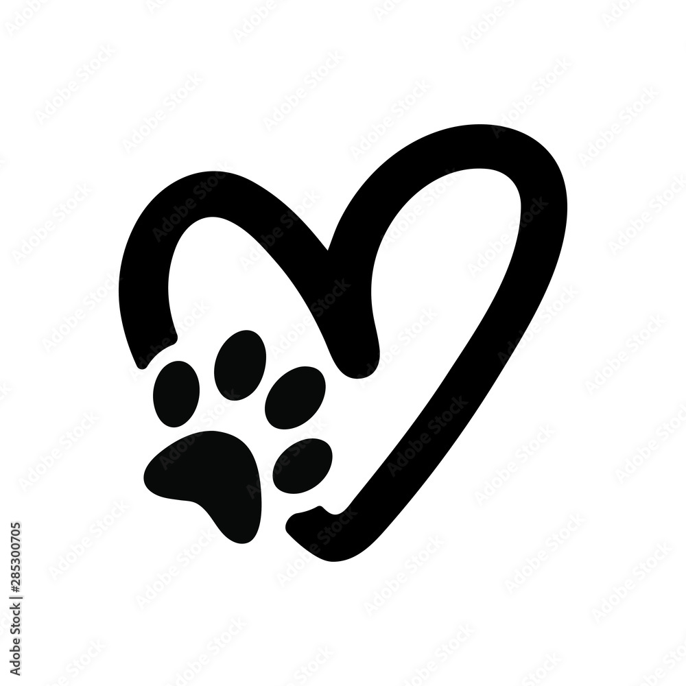 Obraz premium Paw print with heart, Animal love symbol, isolated vector