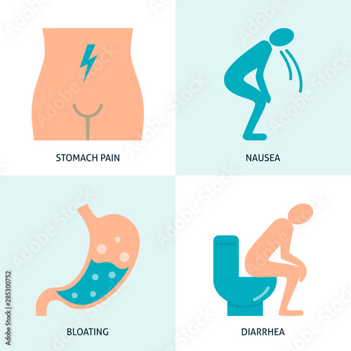 Stomach upset icon collection in flat style