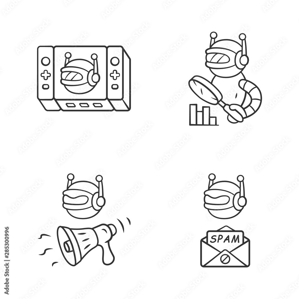 Web robots linear icons set. Game, monitoring, spam bot. Artificial intelligence, AI. Virtual reality. Spam attack. Thin line contour symbols. Isolated vector outline illustrations. Editable stroke