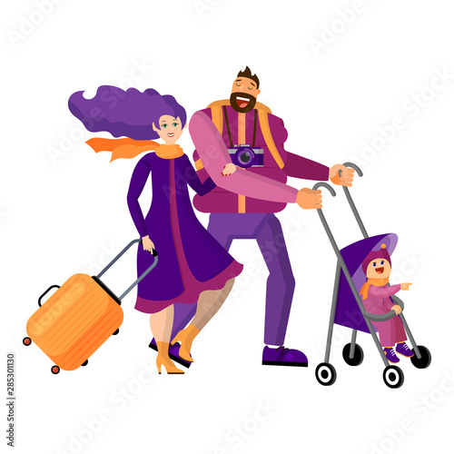 Family with kid travels together. Isolated objects on white background.