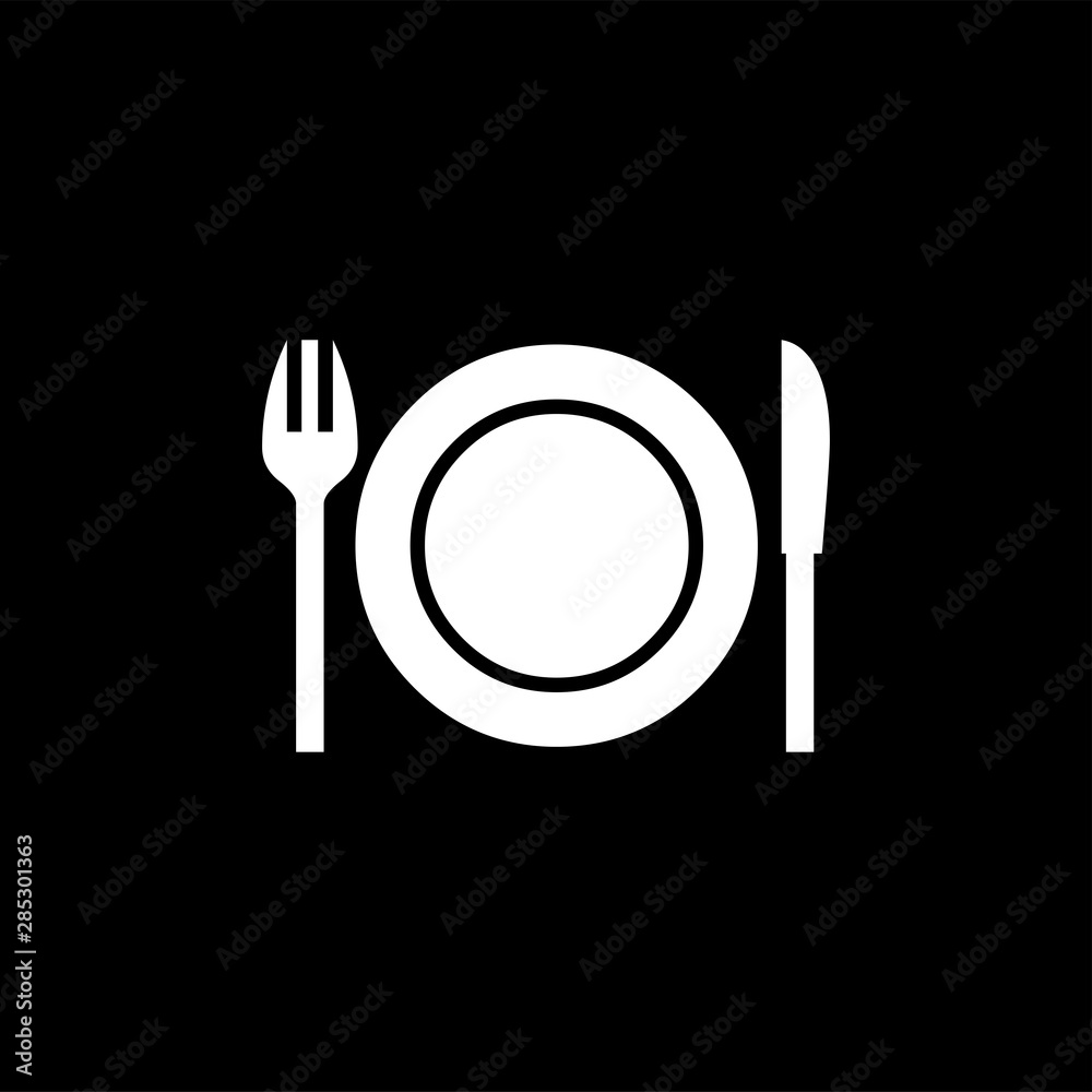 Plate with Knife & Fork Icon On Black Background. Black Flat Style Vector Illustration. Plate with Knife & Fork Icon On Black Background. Black Flat Style Vector Illustration.