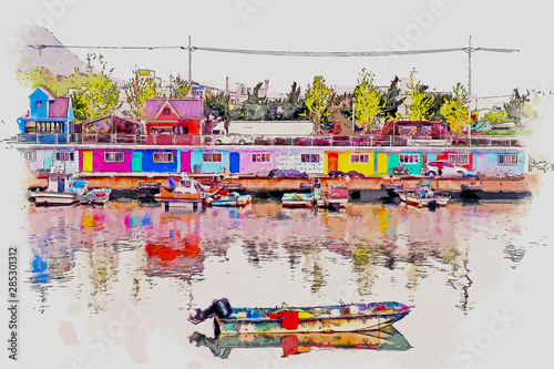 Beautiful landscape view of Janglim port old fishing port of Busan in Korea or Venice of Korea, Sketching picture style. photo