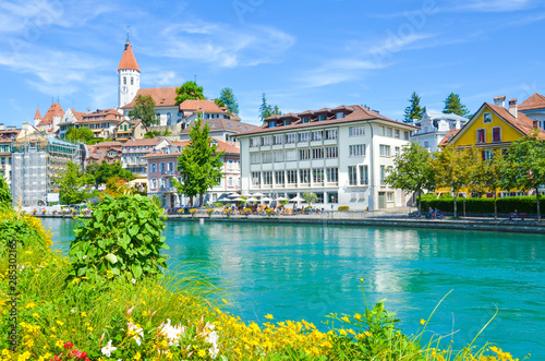 Bed of flowers by Aare river in Switzerland. The historical center of Swiss city Thun in the background, partly blurred. Dominant of the city is a famous castle. Beautiful Swiss cities