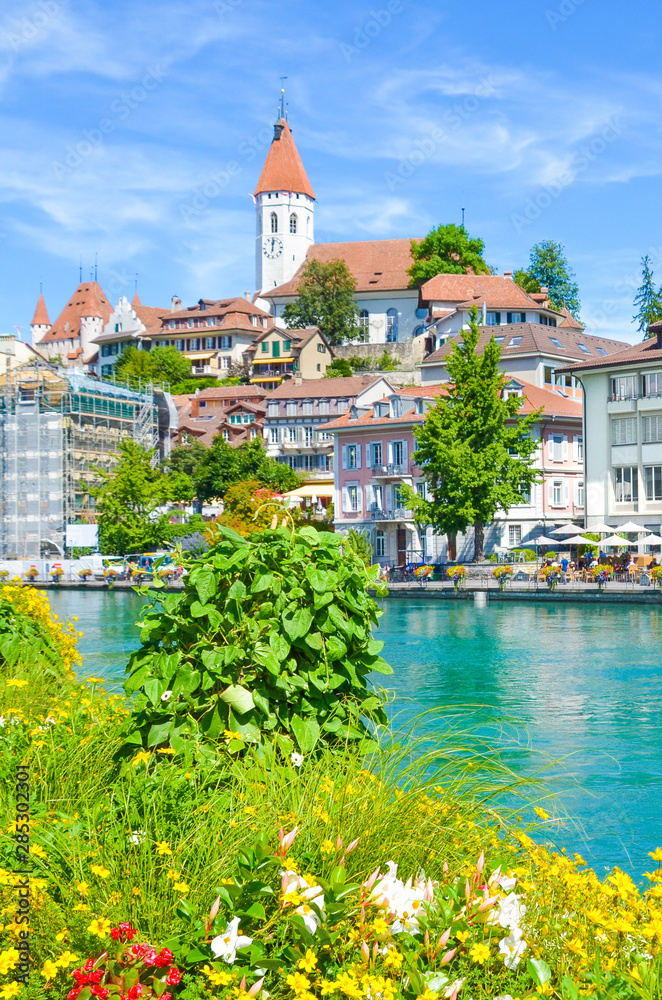 Naklejka premium Bed of flowers by Aare river in Switzerland. The historical center of Swiss city Thun in the background, partly blurred. Dominant of the city is famous castle. Beautiful Swiss cities. Vertical photo
