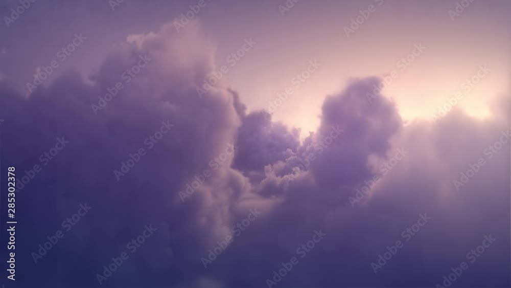 Sky at sunset. Flying between clouds. Pink skies over cloud. Nature sunset time