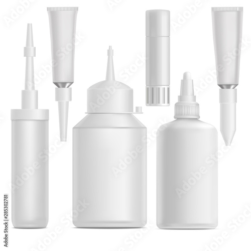 Realistic Detailed 3d White Blank Glue Tubes Template Mockup Set. Vector