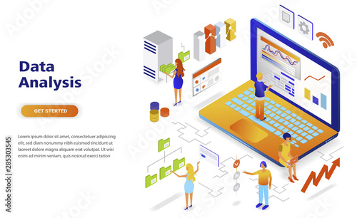 Data analysis modern flat design isometric concept. Analytics and people concept. Landing page template. Conceptual isometric vector illustration for web and graphic design.