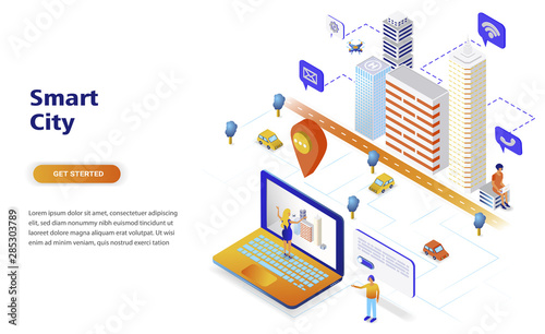 Smart city modern flat design isometric concept. Architecture and people concept. Landing page template. Conceptual isometric vector illustration for web and graphic design.