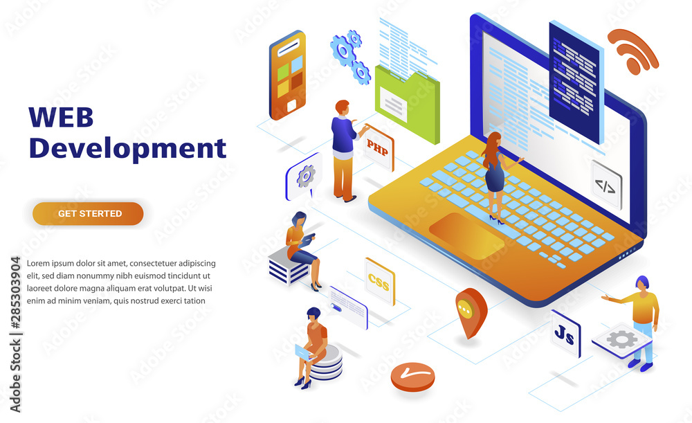 Web development modern flat design isometric concept. Developer and people concept. Landing page template. Conceptual isometric vector illustration for web and graphic design. Web development modern flat design isometric concept. Developer and people concept. Landing page template. Conceptual isometric vector illustration for web and graphic design.