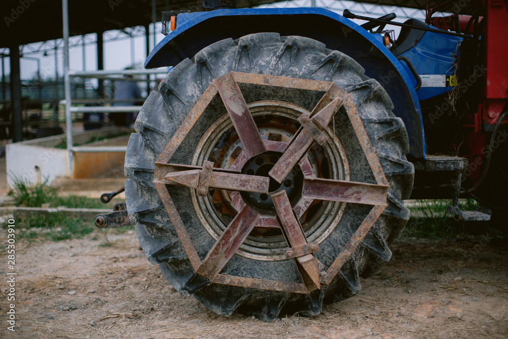 Close up of tractor tyre and rim