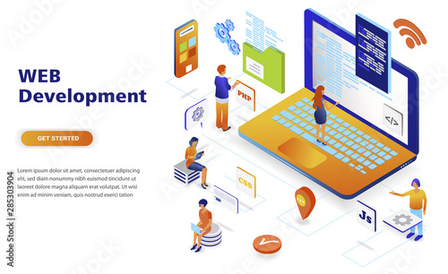 Web development modern flat design isometric concept. Developer and people concept. Landing page template. Conceptual isometric vector illustration for web and graphic design.