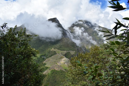 Aerial view of Machu Picchu, Peru. It is a 15th-century Inca citadel, located in the Cusco Region, Urubamba Province, Machupicchu District. photo