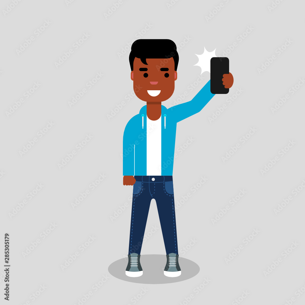 A young African American man is taking a selfie. Boy taking picture of himself. He is standing and smiling in jeans and sweatshirt, holding the phone. Vector stock illustration, flat style, clip art. A young African American man is taking a selfie. Boy taking picture of himself. He is standing and smiling in jeans and sweatshirt, holding the phone. Vector stock illustration, flat style, clip art.
