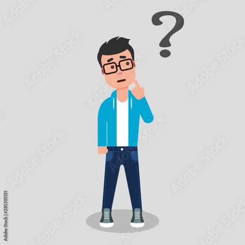 Young man standing below the question mark with finger on his chin. Thinking, making choice, contemplation. Dilemma concept. Stock vector illustration, flat style, clip art. © Tasha Vector