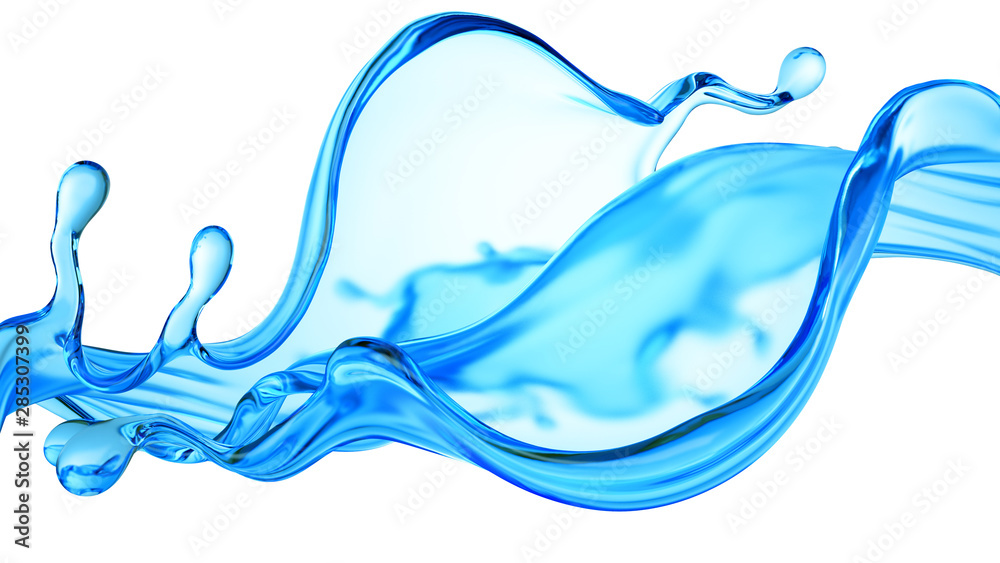 Splash of clear blue liquid, water. 3d illustration, 3d rendering.