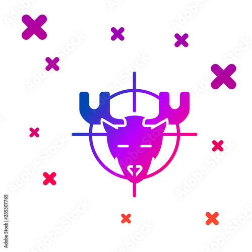 Color Hunt on moose with crosshairs icon isolated on white background. Hunting club logo with moose and target. Rifle lens aiming a moose. Gradient random dynamic shapes. Vector Illustration