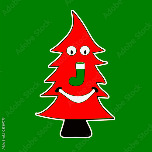 Unique red colored Christmas tree with comic smiley face vector illustration. 