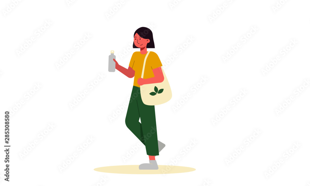 Zero waste girl vector illustration. Flat female character - young woman with fabric tote bag and reusable water bottle. Wearing green trousers and yellow t-shirt. Ecology concept.