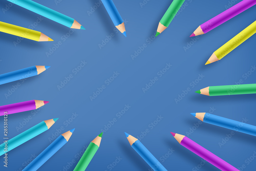 Back to school. Background made of colored pencils. View from above