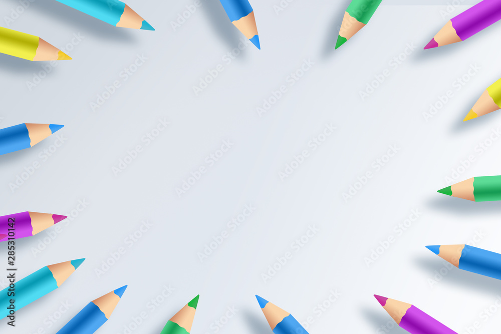 Back to school. Background made of colored pencils. View from above