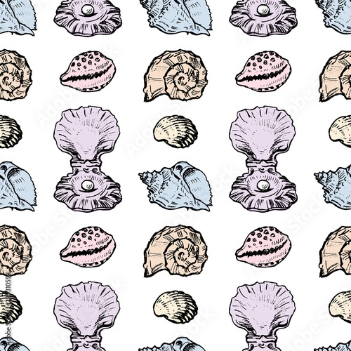 Seamless background of sketches of different seashells