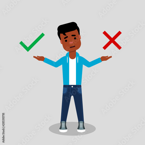 Right or wrong choice. Young African American in jeans and sweatshirt, making decision between right and wrong. Making choice, difficult decision, true or false, ethical dilemma, concept. Vector