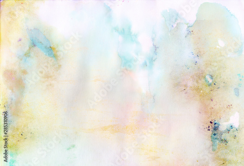 Colorful paper background with watercolor blurred splashes, stains and drips