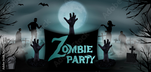 Invitation template Halloween Zombie party. Zombie hand rising from the grave at the graveyard with tombstones and moon In spooky night. Vector