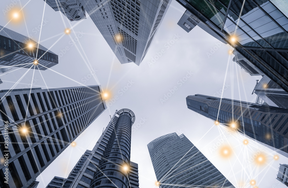 Digital network connection lines of high-rise office buildings ...