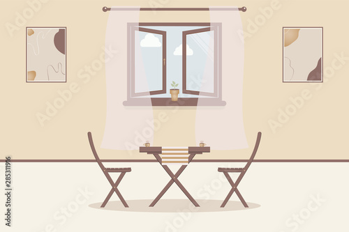 Cute kitchen home interior. Indoor furniture: table and chairs, cups of coffee or tea.Modern abstract paintings on wall.Open window with transparent curtains and plant in pot.Vector illustration