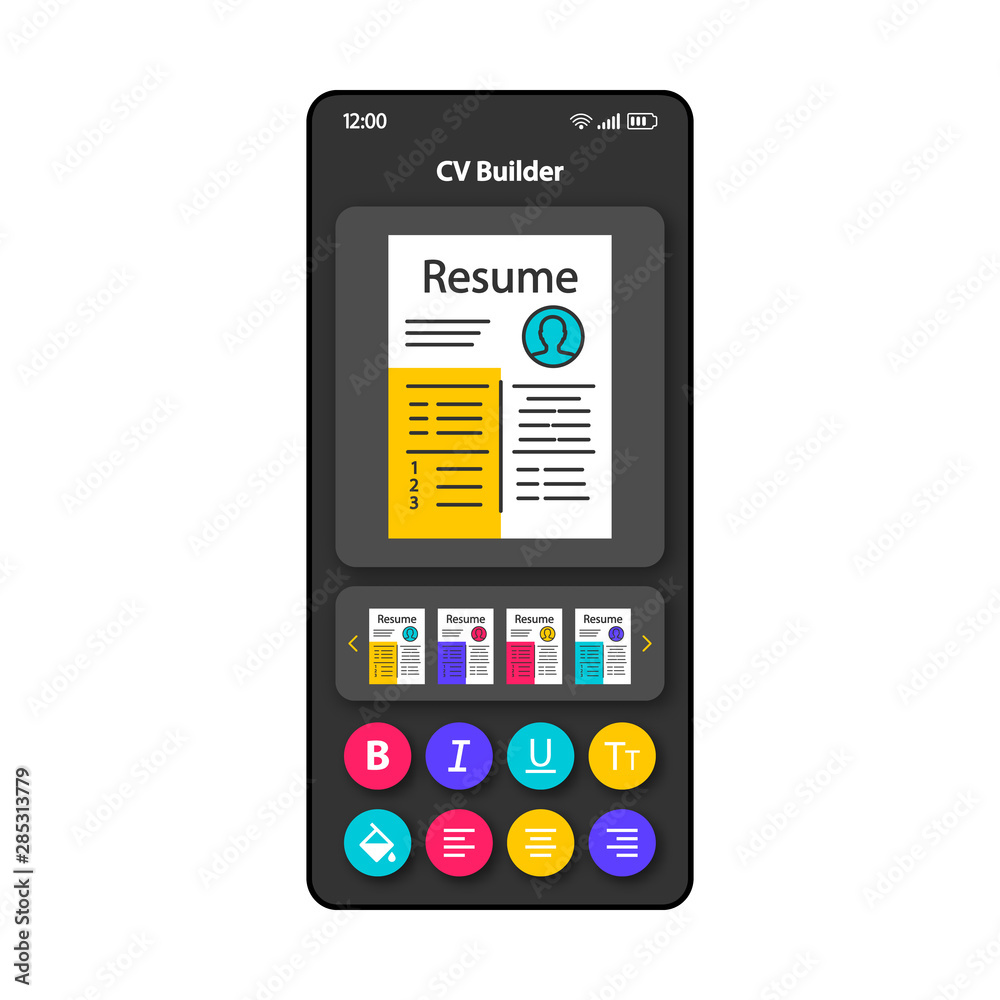CV writing software smartphone interface vector template. Mobile app page color design layout. Professional resume builder screen. Flat UI for application. CV templates editor phone display CV writing software smartphone interface vector template. Mobile app page color design layout. Professional resume builder screen. Flat UI for application. CV templates editor phone display