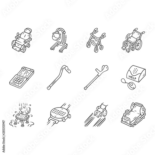 Disabled devices linear icons set. Mobility aid, handicapped medical equipment. Facilities for paralyzed, old people. Thin line contour symbols. Isolated vector outline illustrations. Editable stroke