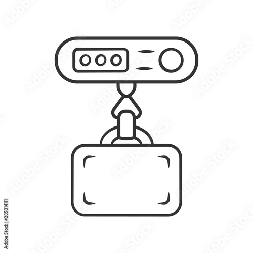 Electronic luggage linear icon. Weighing suitcase with digital weights. Baggage weight limit charge, fine. Thin line illustration. Contour symbol. Vector isolated outline drawing. Editable stroke