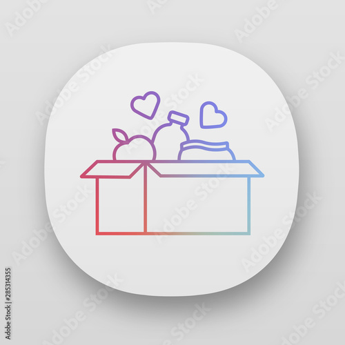 Food donations app icon. Charity food collection. Box with meal, hearts. Humanitarian assistance. Volunteer activity. I/UX user interface. Web or mobile applications. Vector isolated illustrations
