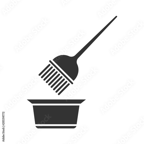 Hair coloring tools glyph icon. Tint mixing bowl and hair dye brush. Hairdressing instruments. Professional hairstyling. Silhouette symbol. Negative space. Vector isolated illustration