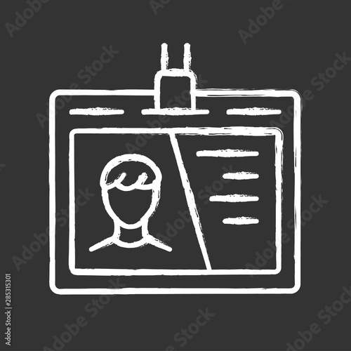 Identification document, id tag chalk icon. Access pass isolated vector chalkboard illustration. Plastic card with photo. Businessman personal badge. Driver licence, company employee accessory