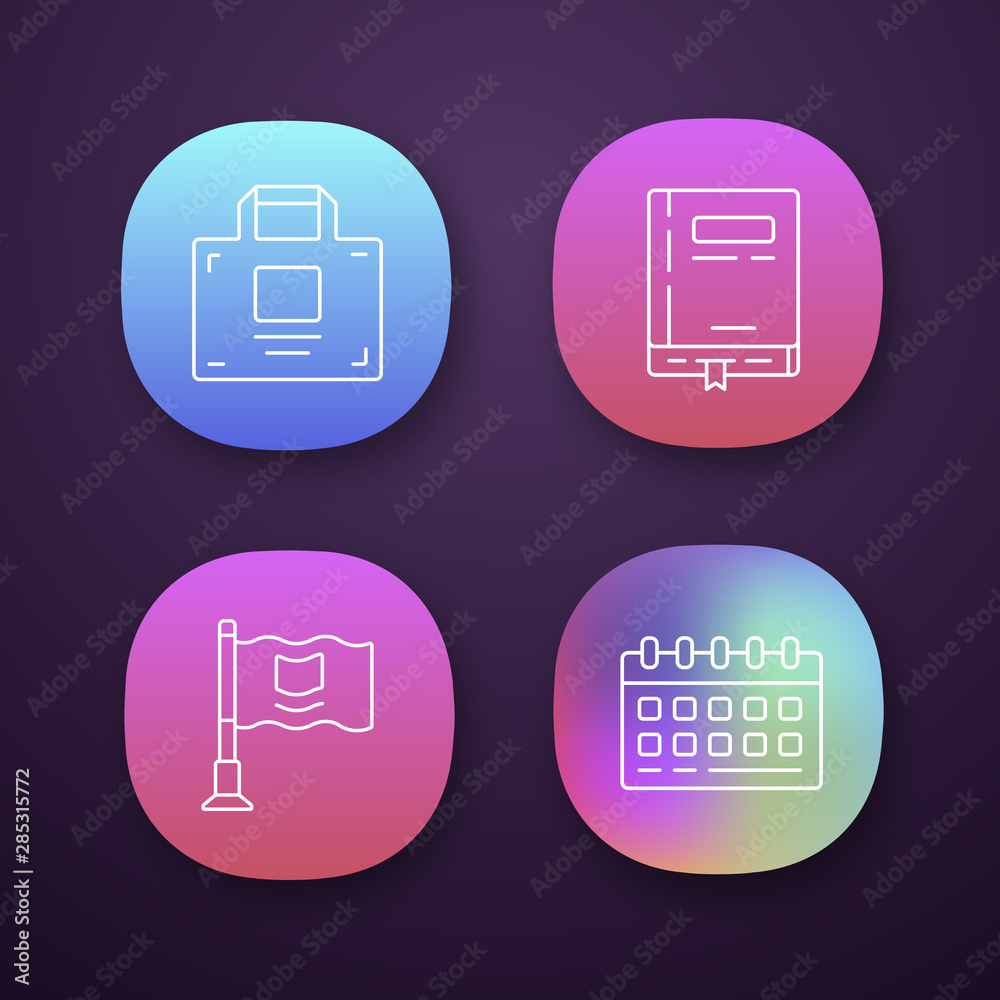 Office accessories app icons set. UI/UX user interface. Web or mobile applications. Business supplies vector isolated illustrations. Working notepad, calendar, businessman briefcase and small flag Office accessories app icons set. UI/UX user interface. Web or mobile applications. Business supplies vector isolated illustrations. Working notepad, calendar, businessman briefcase and small flag