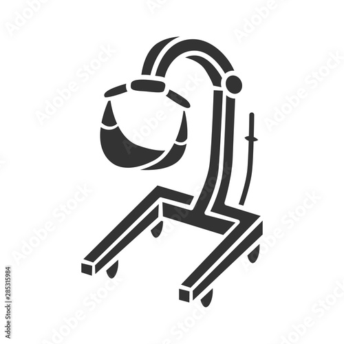 Patient lift glyph icon. Physically disabled people lifter device. Transferring immobile hospital patient. Handicapped equipment. Silhouette symbol. Negative space. Vector isolated illustration