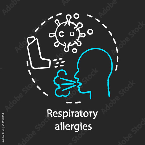Respiratory allergies chalk concept icon. Airborne allergic diseases idea. Asthma inhaler, coughing person, bacteria. Vector isolated chalkboard illustration