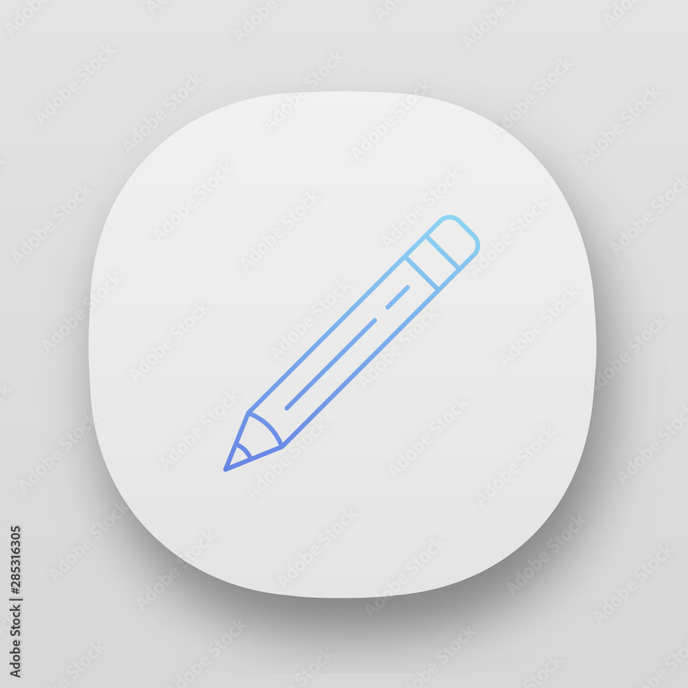Sharp pencil with rubber, eraser app icon. UI/UX user interface. Web or mobile application. Drawing tool vector isolated illustration. Stationery items, school supplies shop logo. Education attribute Sharp pencil with rubber, eraser app icon. UI/UX user interface. Web or mobile application. Drawing tool vector isolated illustration. Stationery items, school supplies shop logo. Education attribute