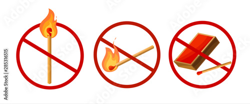 No fire , no open flame sign. Burning match with fire. Martchbox. Vector illustration cartoon style isolated on white background.