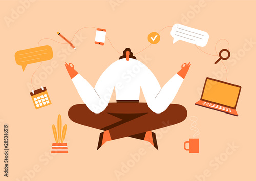 Woman sitting in yoga pose. Office work and job stress. Communication in social networks. Flat vector illustration.