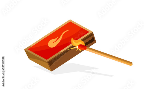 Lights a match on a matchbox illustration. Sparks and small fire. Vector illustration cartoon style isolated on white background.