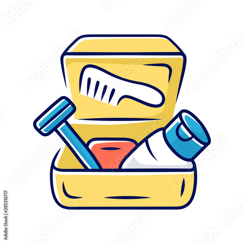 Toiletries carrying case color icon. Cosmetic bag, travel pouch, purse for hygiene items. Personal care products bag. Travelling, trip equipment, accessories. Isolated vector illustration