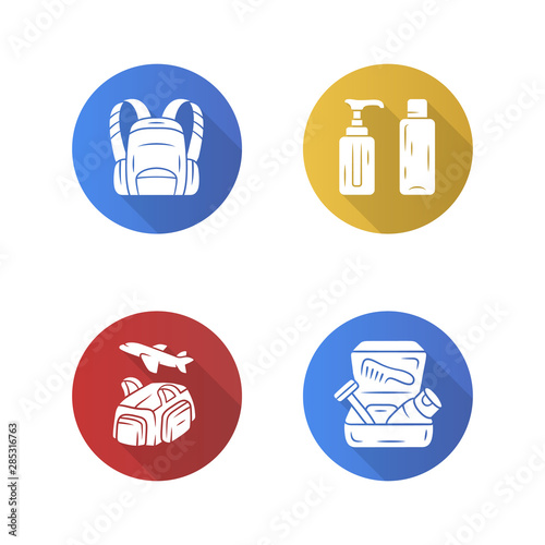 Travel accessories flat design long shadow glyph icons set. Backpack,carry on duffel bag, reusable containers. Flight, travelling bag, toiletry case, container. Vector silhouette illustration