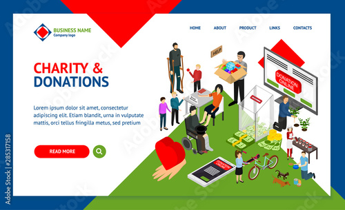 Charity Donation Funding Landing Web Page Template 3d Isometric View. Vector